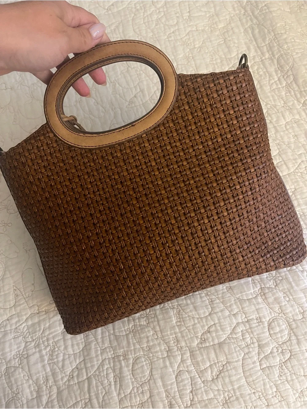 Fossil Woven Leather Tote Bag Brown Top Handle Satchel Crossbody Summer - Picture 3 of 7